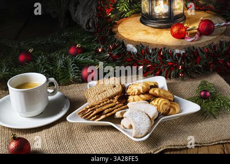 Different types of biscuits with rustic Christmas decorations Stock Photo