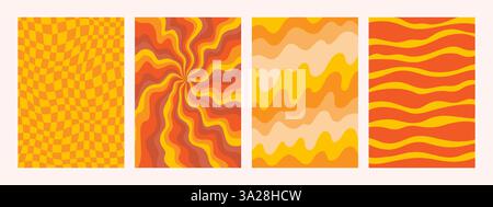 Abstract Groovy backgrounds. Set of psychedelic retro patterns in orange colors. Trendy twisted and checkered funky vector texture in abstract y2k Stock Vector