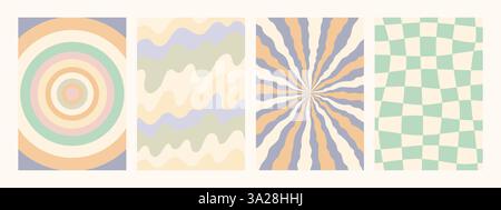 Abstract psychedelic retro pattern set. Groovy backgrounds in retro colors. Trendy wavy vector texture in abstract y2k style. Vector graphic for Stock Vector