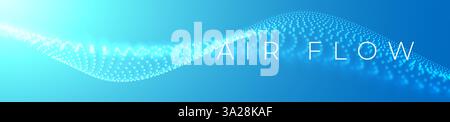 Air waves with depth of field. Particle stream of clean fresh air. Air conditioner. Fresh scent and air filtration effect. Blue wide wavy background. Stock Vector