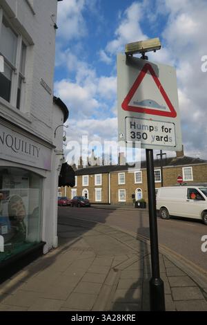 Road sign warning of traffic-calming road humps in Chatteris, Cambridgeshire, England Stock Photo
