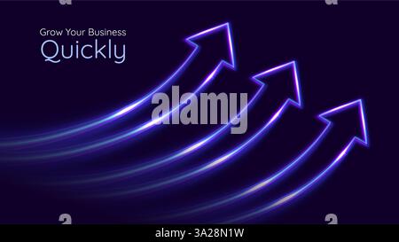 Three arrows up with lights trails. Futuristic 3D style. Business, personal growth, quick result. Innovation technology and finance. Stock Vector