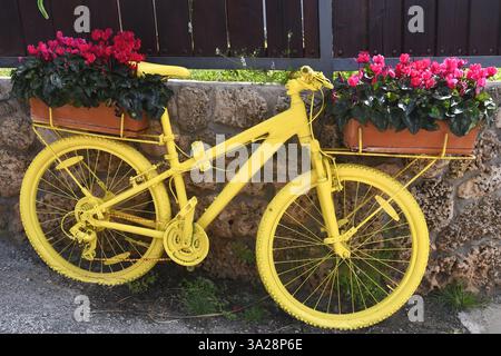 bicycle equipped with flower pots full of flowers Stock Photo