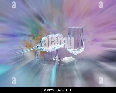 Light art, various glasses on silver foil, behind them various splashes of colour, zoom effect, studio shot Stock Photo