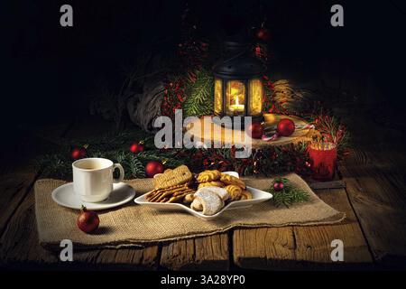 Different types of biscuits with rustic Christmas decorations Stock Photo