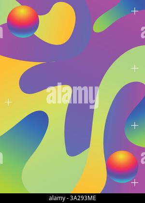 Neon Rainbow Liquid Background for EDM Party Invitations template. 3d gradient acid style vibrant color vctor illustration. Stock Vector