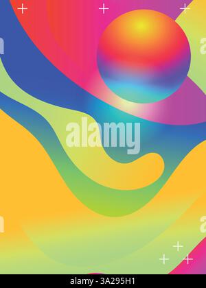 Liquid Neon Lines for Beach Rave Flyer Template template. 3d gradient acid style vibrant color vctor illustration. Stock Vector
