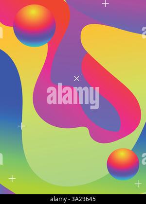 Trippy Hand-Drawn Lines in Acid Colors for Dance Flyers template. 3d gradient acid style vibrant color vctor illustration. Stock Vector