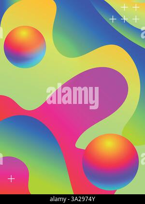 Psychedelic Waves and Acid Colors for Club Flyers template. 3d gradient acid style vibrant color vctor illustration. Stock Vector
