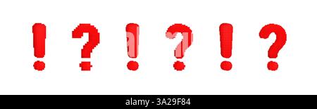 Pixelated red exclamation and question marks on white background, bold digital punctuation Stock Vector