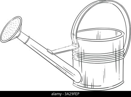 Vintage aluminum watering can in minimalist linear style. Vector outline illustration for gardening, eco-friendly themes, landscaping, and rustic Stock Vector