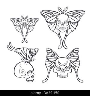 Hand drawn black outline human skulls with butterflies bundle isolated on white background Stock Vector