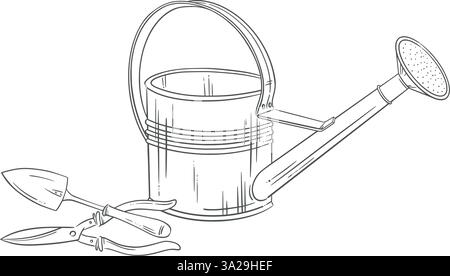 Watering can, trowel, pruning shears. Vector hand-drawn illustration. Ideal for gardening, spring planting, and eco-friendly themes. Perfect for Stock Vector