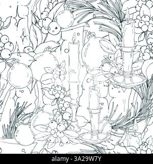 Letter, candles in candlesticks, snowberry and golden balls, sparkling stars. Christmas, New Year, winter Line art is a simple hand-drawn illustration Stock Vector