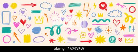 Pencil brush shape line element set. Hand drawn sketch doodle crayon kid chalk texture color element arrow,.heart, crown shape. Chalk pencil brush texture background. Vector illustration Stock Vector
