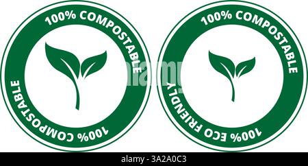 Green 100% compostable round signs on a white background Stock Vector