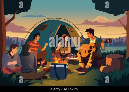 A vector illustration of Friends Camping Outdoor Stock Vector