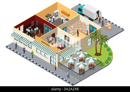A vector illustration of Isometric of Restaurant Interior Stock Vector
