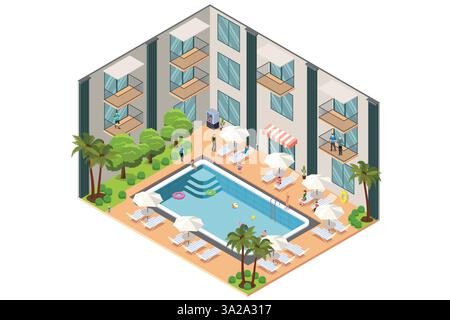 A vector illustration of Isometric of a Hotel Courtyard with Swimming Pool Stock Vector