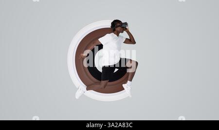 In motion shot of man wearing vr headset running in studio Stock Photo