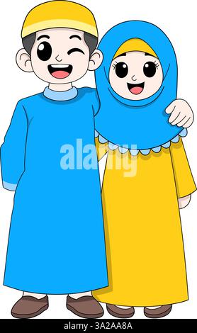 A cheerful Muslim boy wearing a blue robe and yellow cap stands beside a smiling Muslim girl dressed in a yellow hijab and blue dress Stock Vector