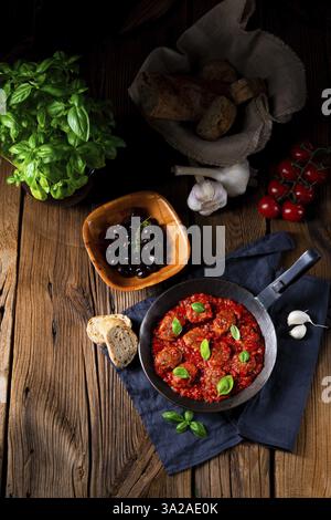 Baked mini balls in tomato sauce with basil Stock Photo - Alamy