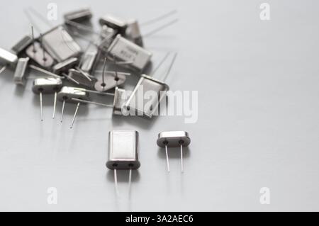 Radio components, quartz resonator with wire leads Stock Photo
