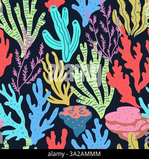 Seamless pattern with colorful sea elements, corals, seaweeds, shells and sea stars. Vector illustration. Stock Vector