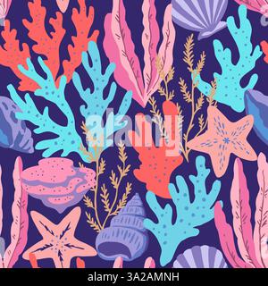 Seamless pattern with colorful sea elements, corals, seaweeds, shells and sea stars. Vector illustration. Stock Vector