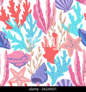 Seamless pattern with colorful sea elements, corals, seaweeds, shells and sea stars. Vector illustration. Stock Vector