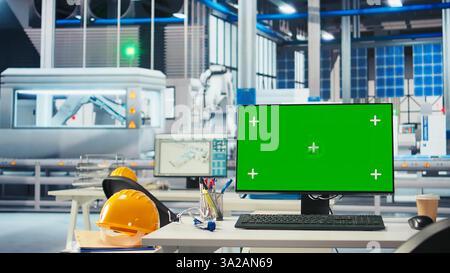 Isolated screen PC in empty photovoltaics factory used to build models of renewable energy generators. Chroma key computer in solar panels plant used to build environmentally safe solar cells Stock Photo