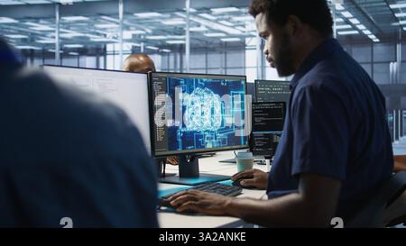 African american worker in data center implements advanced AI driven predictive maintenance systems. Engineer using artificial intelligence to identify hardware failures impacting operations, camera A Stock Photo