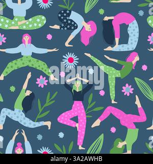Yoga Woman Pose Vector Seamless Pattern Diverse Female Figures Practicing Yoga With Floral Elements In Flat Style. Stock Vector