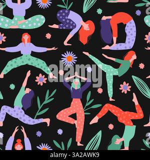 Yoga Woman Pose Vector Seamless Pattern Diverse Female Figures Practicing Yoga With Floral Elements In Flat Style. Stock Vector