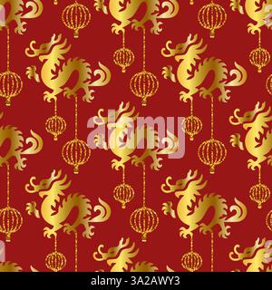 Chinese Dragon And Lantern Vector Seamless Pattern With Gold Ornamental Elements On A Red Background, Symbolizing Prosperity. Stock Vector