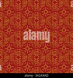 Geometric Gold Vector Seamless Pattern With Ornamental Elements On A Red Background, Inspired By Traditional Chinese Design. Stock Vector