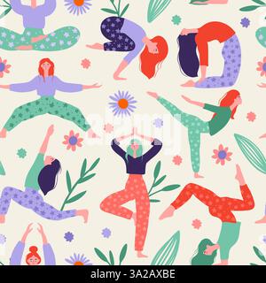 Yoga Woman Pose Vector Seamless Pattern Diverse Female Figures Practicing Yoga With Floral Elements In Flat Style. Stock Vector