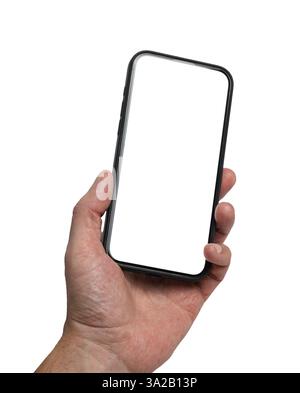 Man hand showing smartphone with blank screen isolated. Concept product advertising, technology, marketing Stock Photo