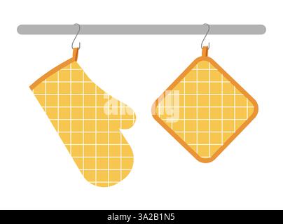 Oven Gloves mitt and potholder hanging on rack kitchen yellow cartoon windowpane tartan check pattern flat hand accessory clothing technical illustration garment. Vector for Men, women style template Stock Vector