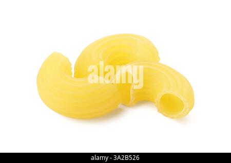 Three pieces of raw horns pasta isolated on white Stock Photo