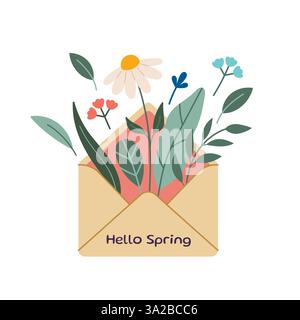 Envelope with flowers and herbs. Hello spring concept. Summer Letter. Vector illustration, flat design. Flowers bouquet in envelope. Hand drawn trendy icon. Stock Vector