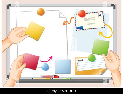 Hands arranging colorful notes on a whiteboard Stock Vector