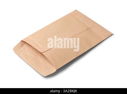 empty small brown envelope like paper bag isolated white background, blank container for package and dispense medication provide important information Stock Photo