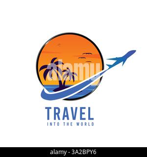 A travel Vector And logo with sunset view and palm tree Stock Vector