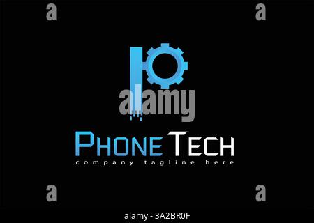Phone Tech Logo usign elements with black background and blue gradient colour. Stock Vector