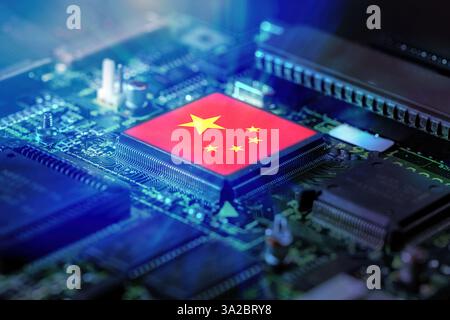 China flag on a CPU processor. Chinese Chip manufacturer concept, GPU microchip on a motherboard. Stock Photo