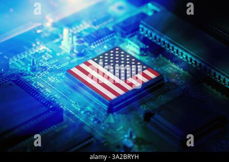 USA flag on a CPU processor. American chip manufacturer, GPU microchip on a motherboard. Stock Photo