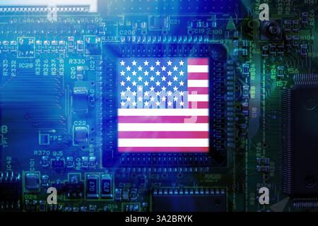USA flag on a CPU processor. American GPU microchip on a motherboard. Chip manufacturer Stock Photo