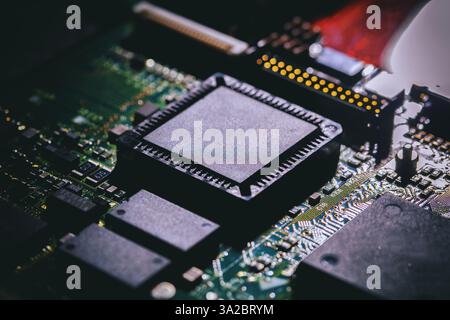 Computer circuit board closeup. CPU, central processing unit, electronic components and wiring Stock Photo