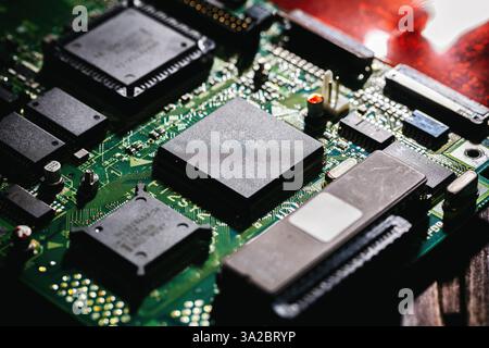 Computer circuit board closeup. CPU, central processing unit, electronic components and wiring Stock Photo